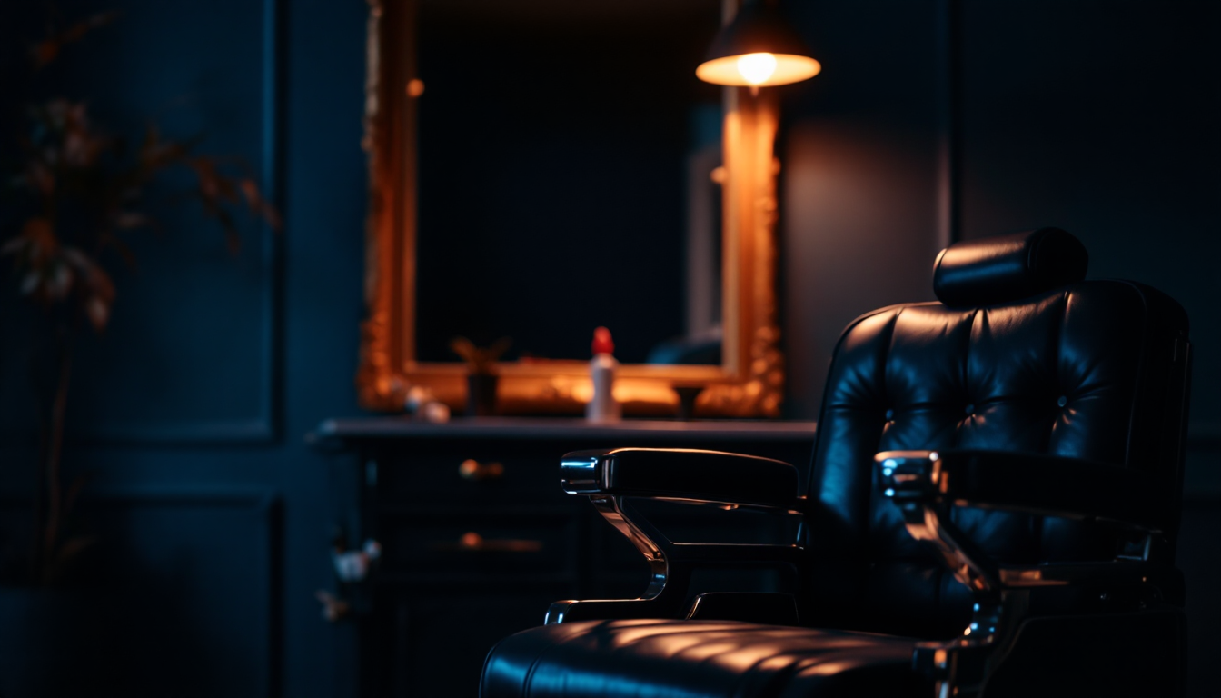 Barbershop chair, warm light, classic Americana — no faces.